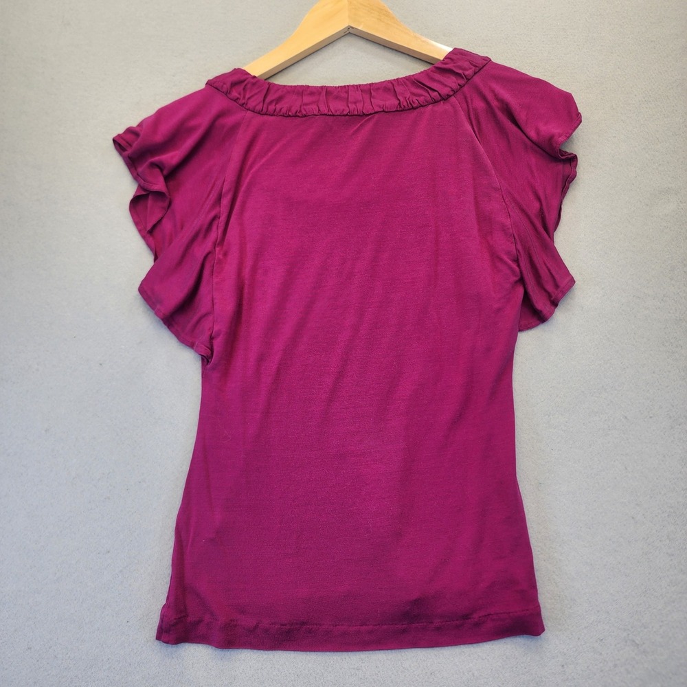 Banana Republic Magenta Silk Blend Flutter Sleeve Ruffle Neck Top Petite Small - Picture 4 of 10